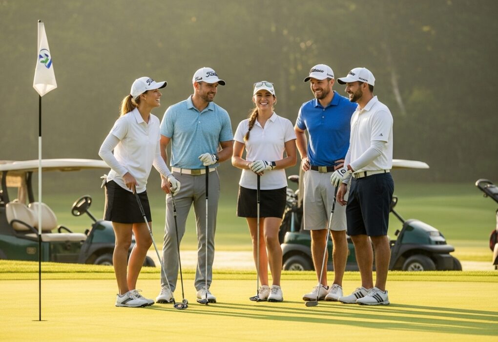 Golfers playing in a team golf scramble format on a green course during a sunny day