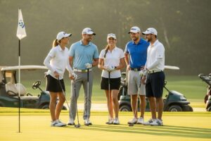 Golfers playing in a team golf scramble format on a green course during a sunny day