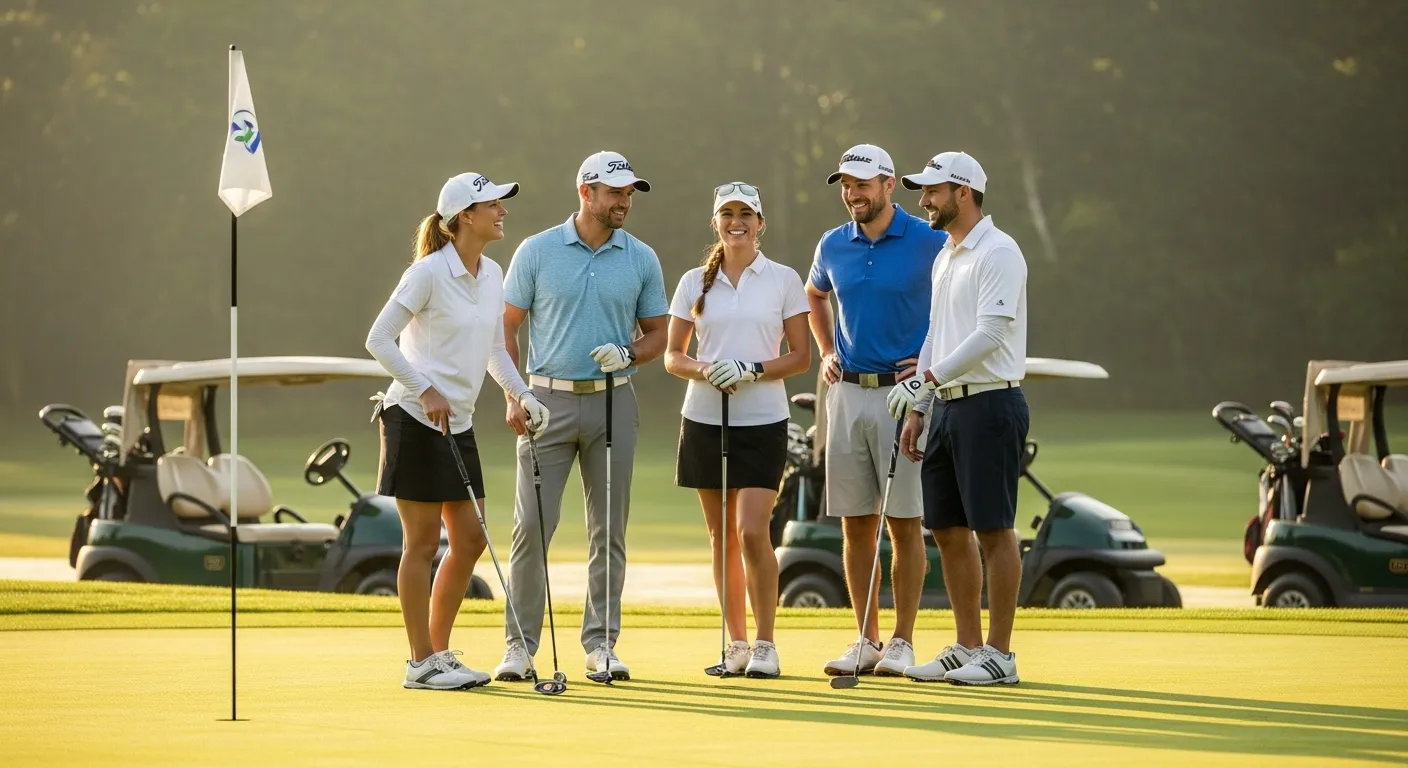 Golfers playing in a team golf scramble format on a green course during a sunny day