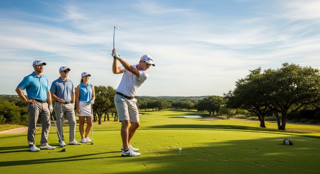 Golfer teeing off during Texas scramble round with teammates nearby