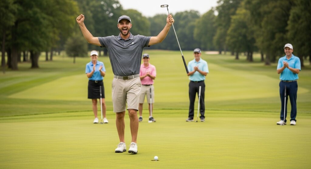 Beginner golfer celebrating putt during relaxed scramble event