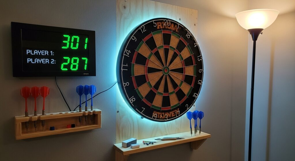 DIY home dartboard setup with LED lighting and scoreboard.