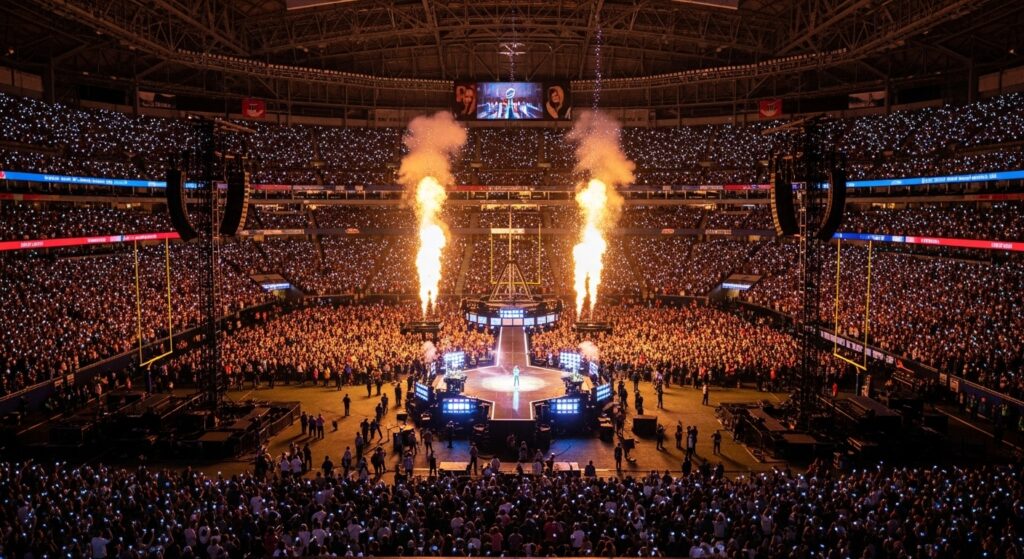 Super Bowl halftime show stage setup with crowd lights.