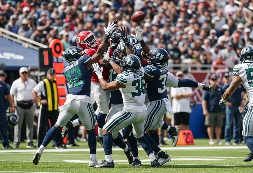 Football players leaping in the end zone trying to catch a Hail Mary pass during a high-stakes game