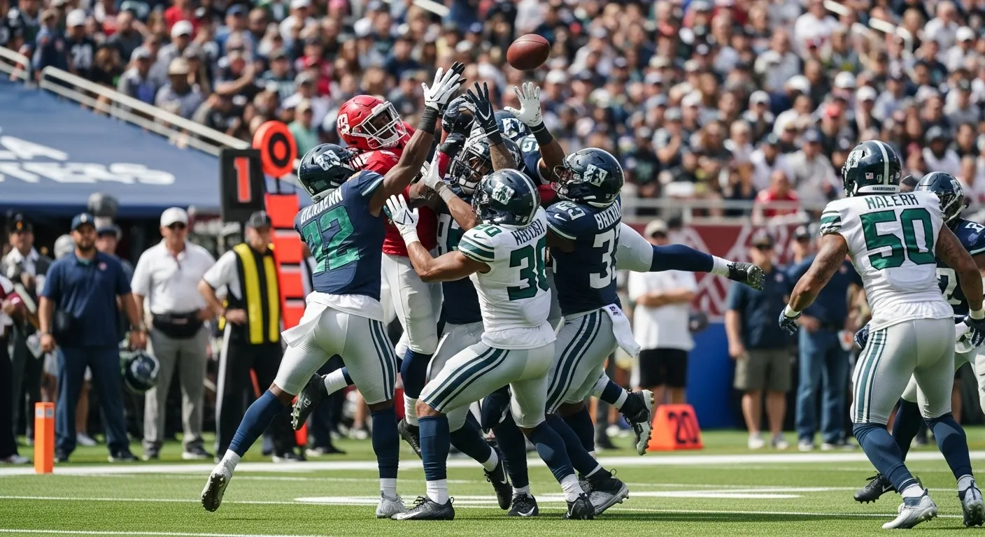 Football players leaping in the end zone trying to catch a Hail Mary pass during a high-stakes game