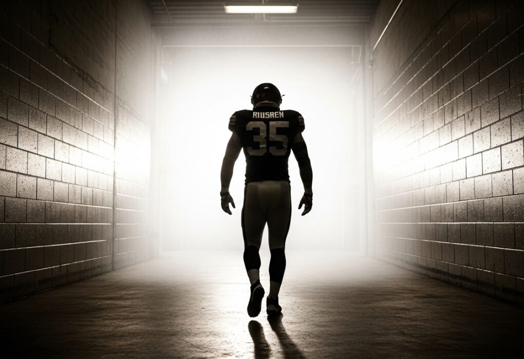 cinematic silhouette of tight end walking out of stadium tunnel into bright light