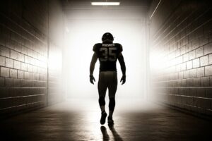 cinematic silhouette of tight end walking out of stadium tunnel into bright light