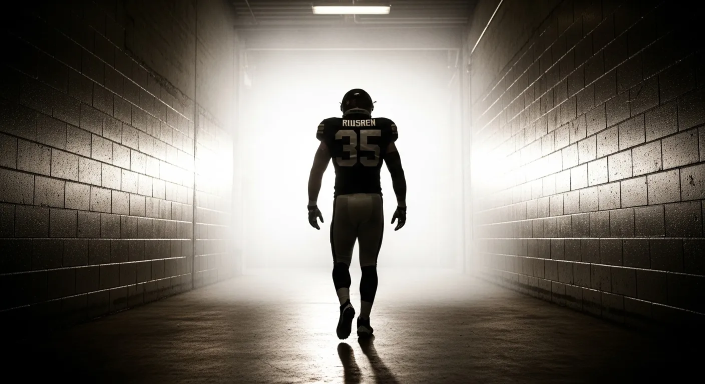 cinematic silhouette of tight end walking out of stadium tunnel into bright light