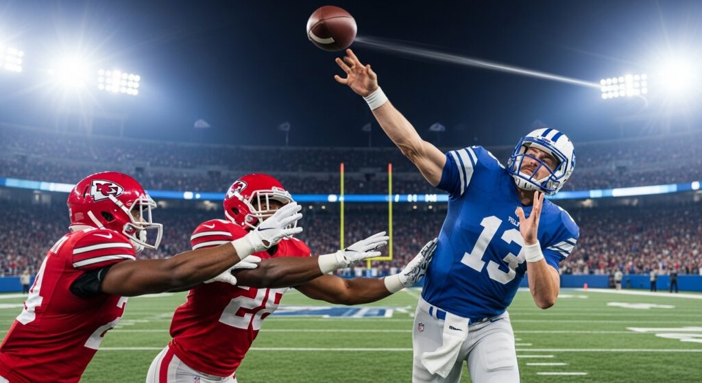 Quarterback releasing a deep throw under pressure
