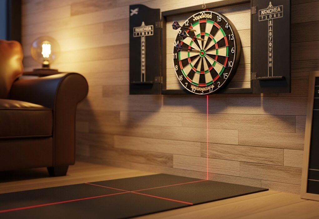 home darts setup showing official darts distance and dartboard height with oche line and measuring tape