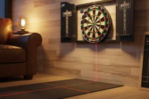home darts setup showing official darts distance and dartboard height with oche line and measuring tape