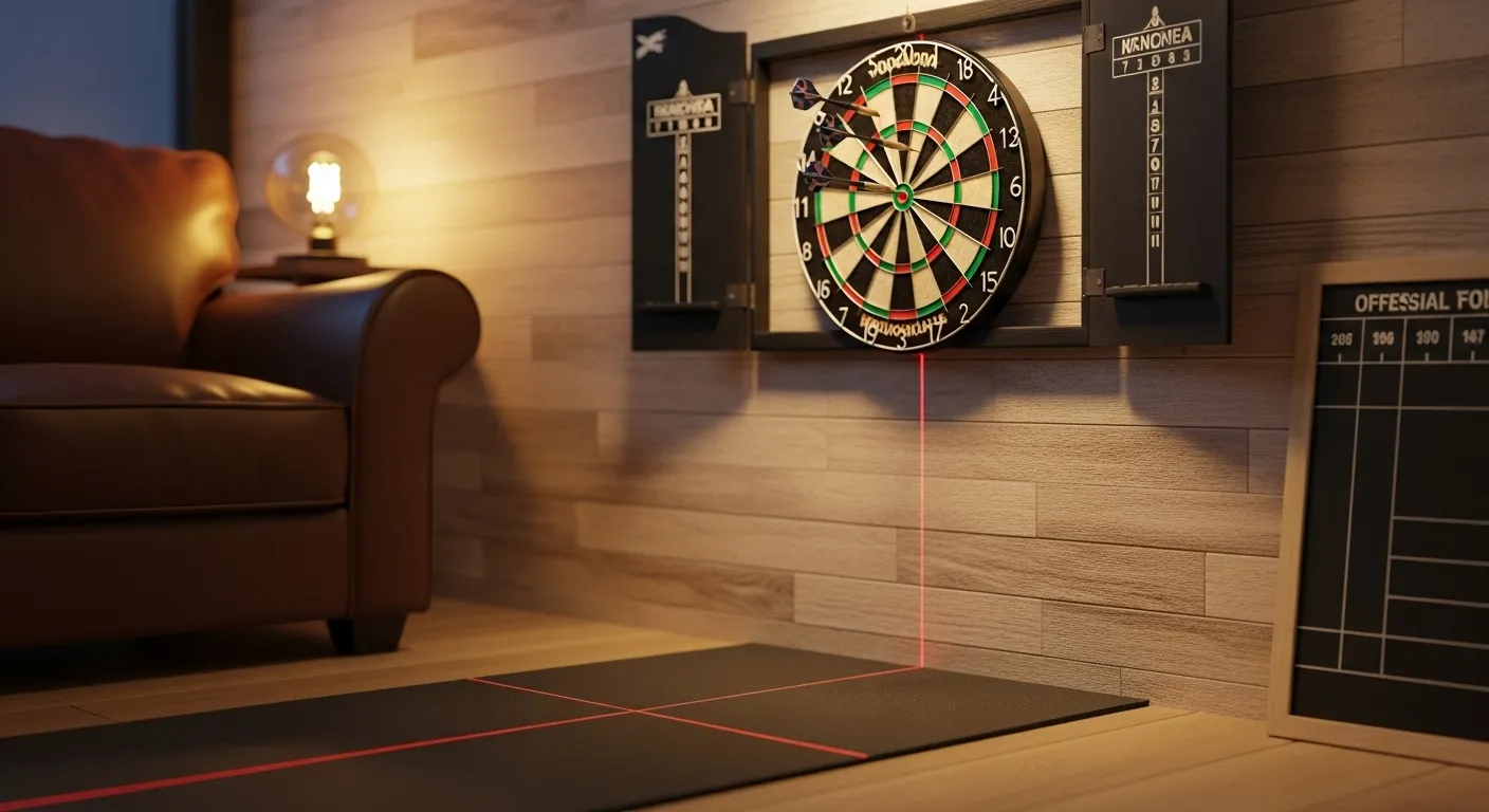 home darts setup showing official darts distance and dartboard height with oche line and measuring tape