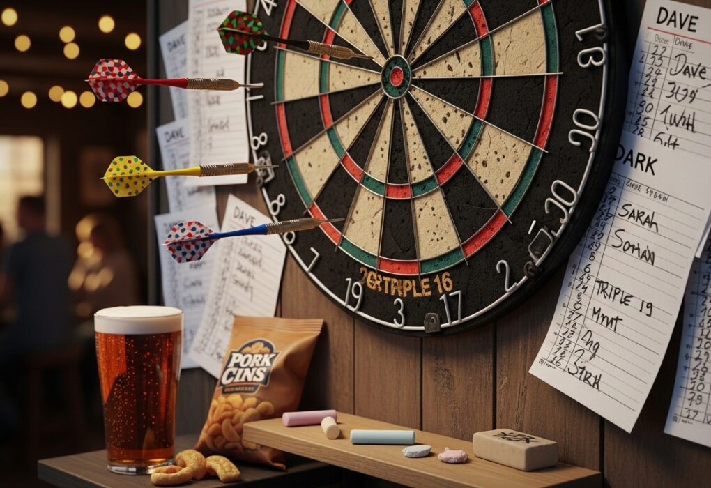 Steel tip dartboard with darts in flight, highlighting the DIY scoring culture in casual pub settings.