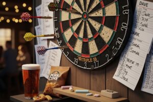 Steel tip dartboard with darts in flight, highlighting the DIY scoring culture in casual pub settings.