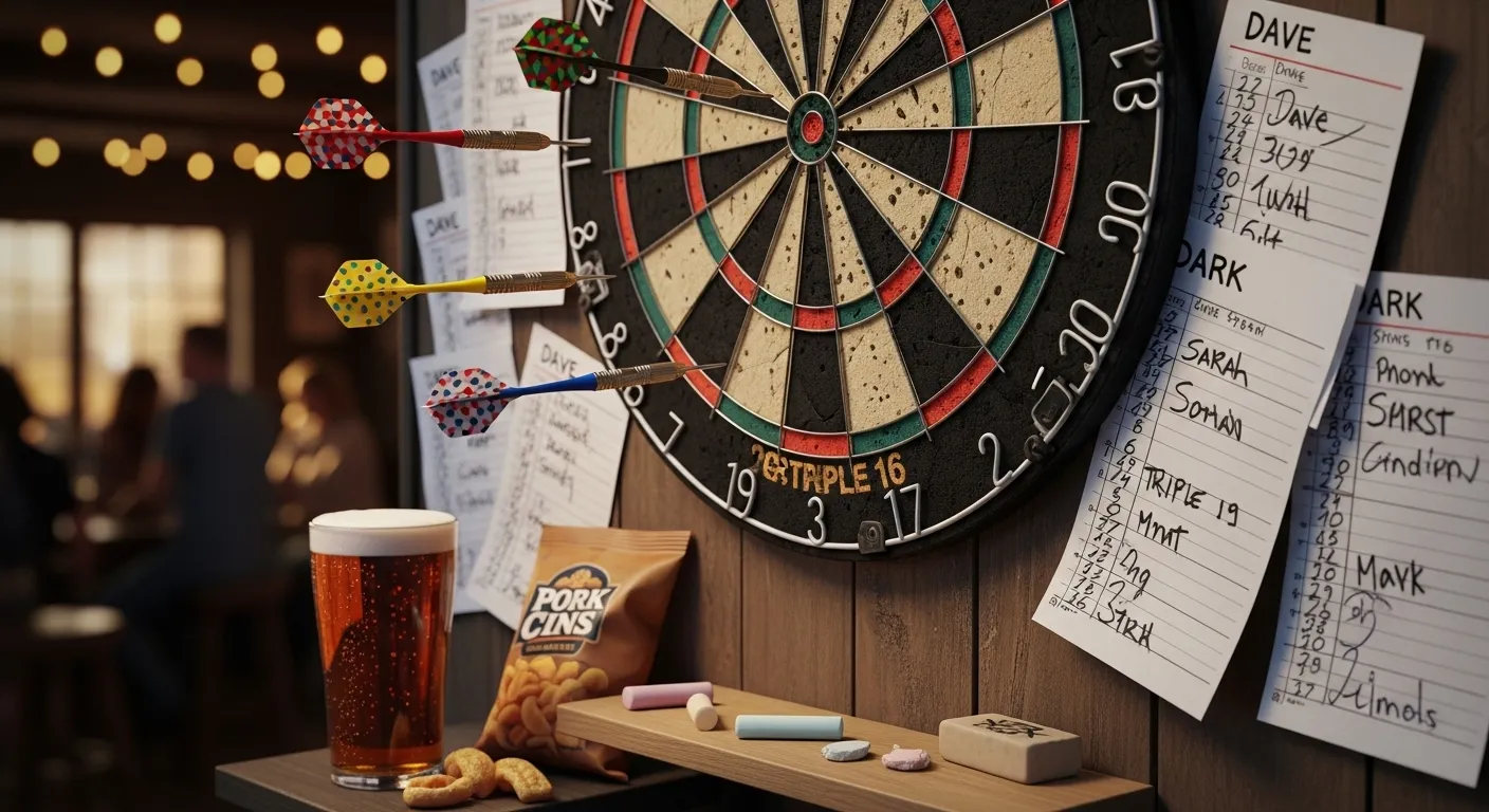 Steel tip dartboard with darts in flight, highlighting the DIY scoring culture in casual pub settings.